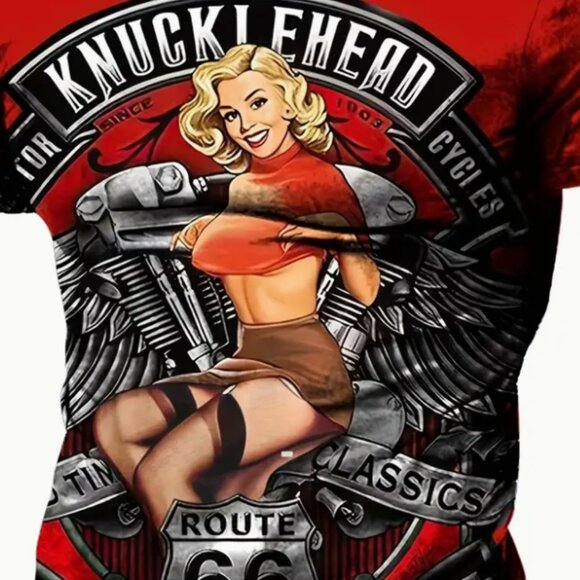Retro Graphic Knucklehead Motorcycles Pin-Up Girl T-Shirt Men's Large Unisex Tee - Picture 3 of 3